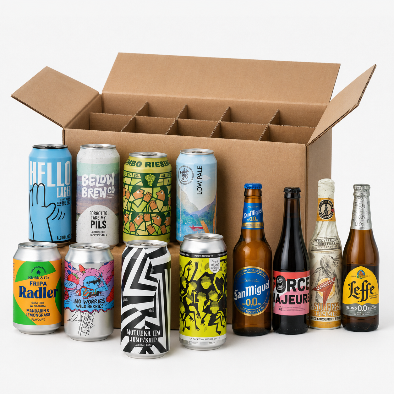 Monthly alcohol free beer subscription box featuring 12 different alcohol free beers in cans and bottles