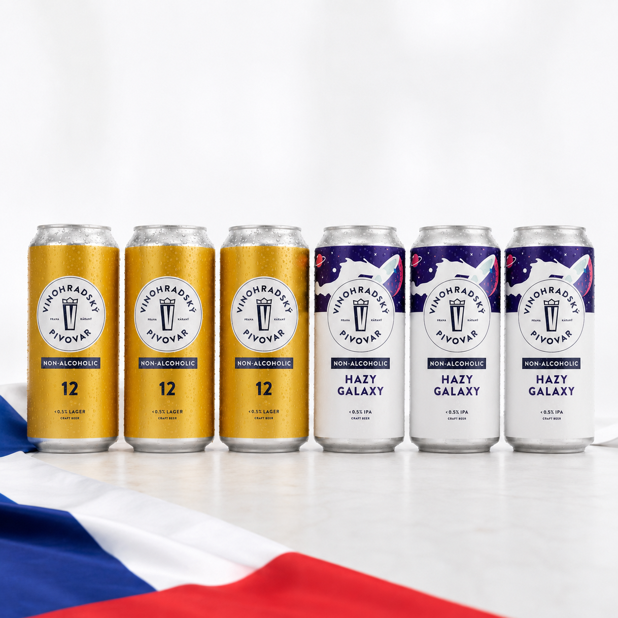 Czech Craft Beer Pack with three Vinohradsky 12 alcohol free lager cans and three Vinohradsky Hazy Galaxy alcohol free IPA cans