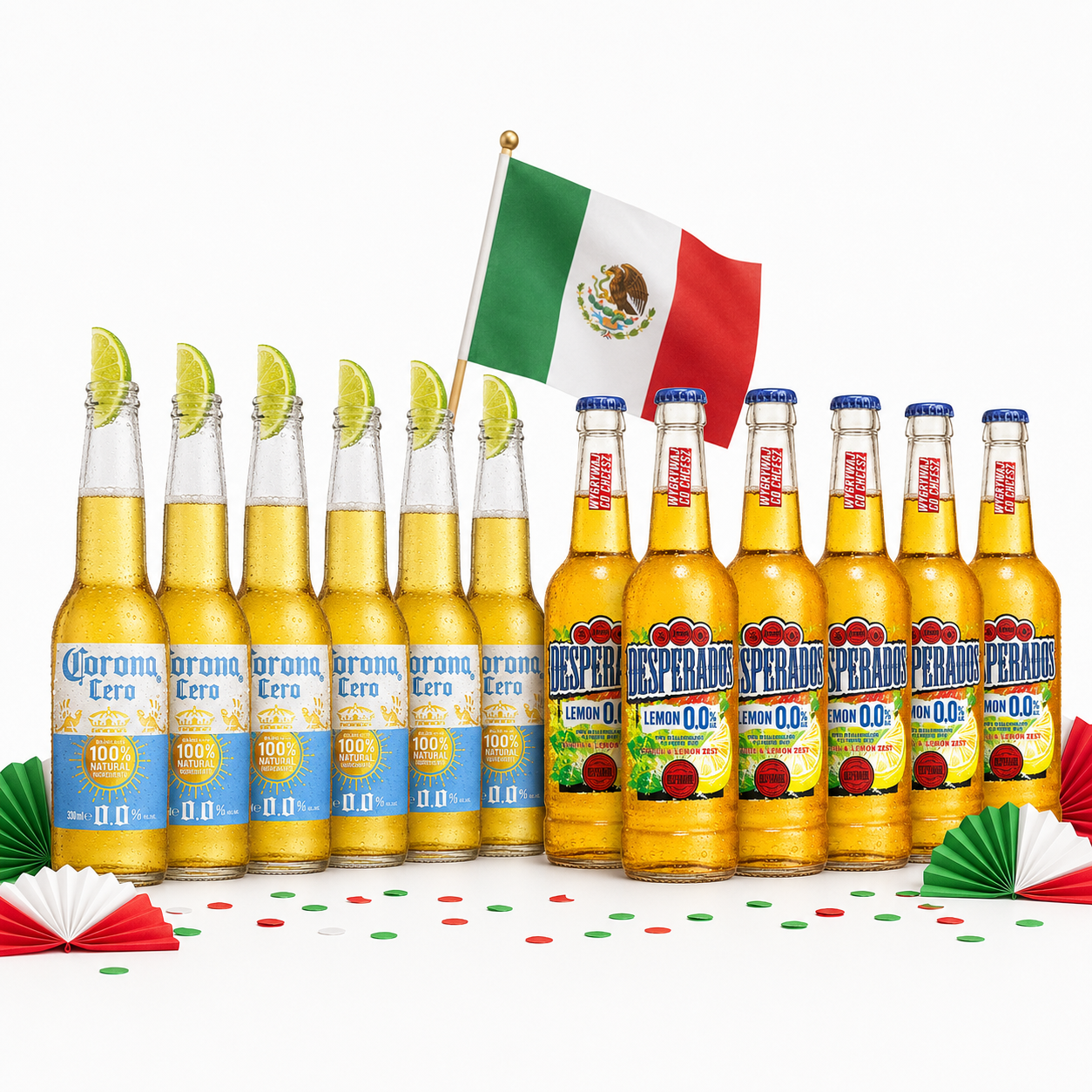 A festive arrangement of Corona and Desperado 0.0% beer bottles on a white background, decorated with lime wedges, a Mexican flag, and red, green, and white paper fans.