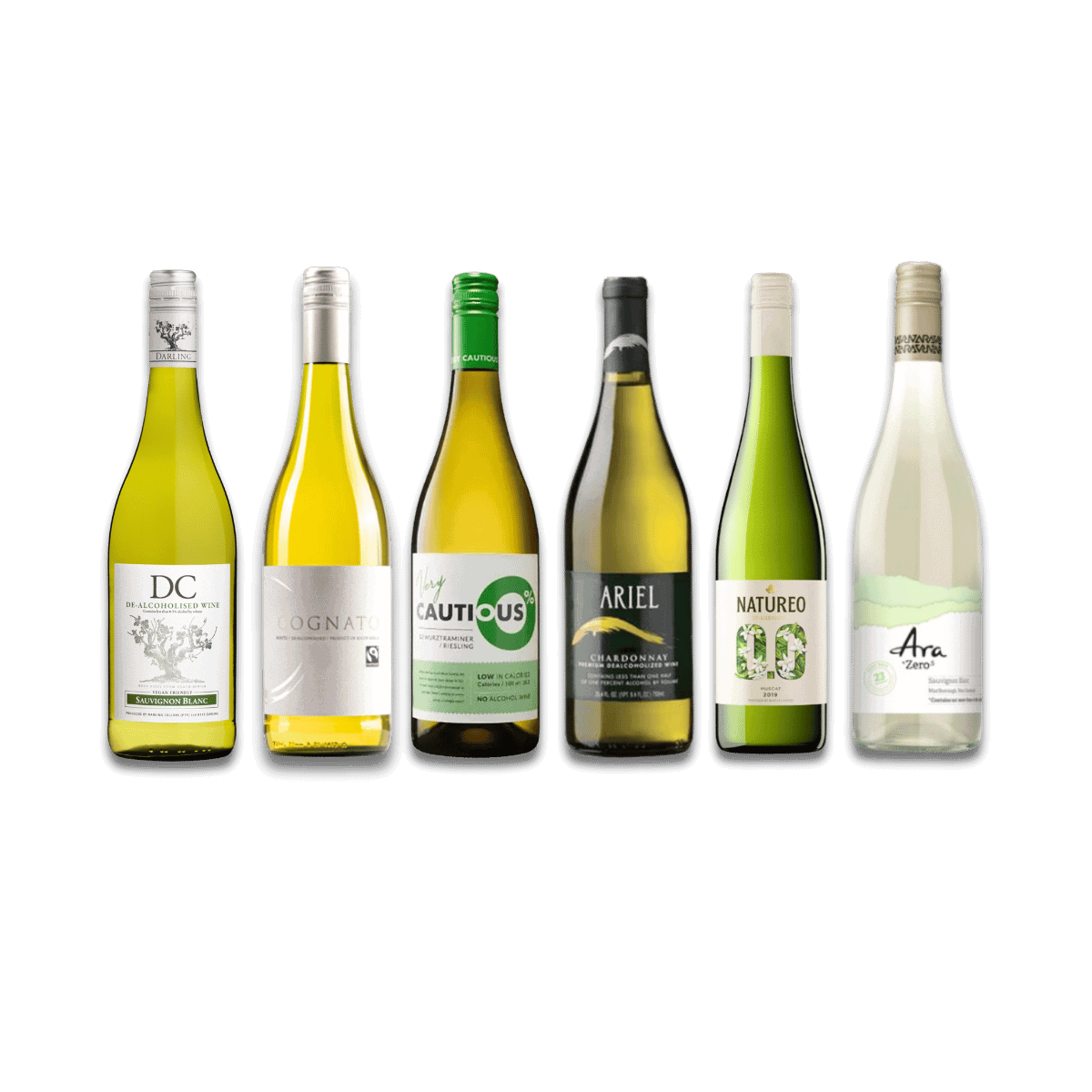 Alcohol free white wine bundle featuring DC Sauvignon Blanc, Lognato, The Cautious One, Ariel Chardonnay, Natureo Muscat, and Ara Zero.