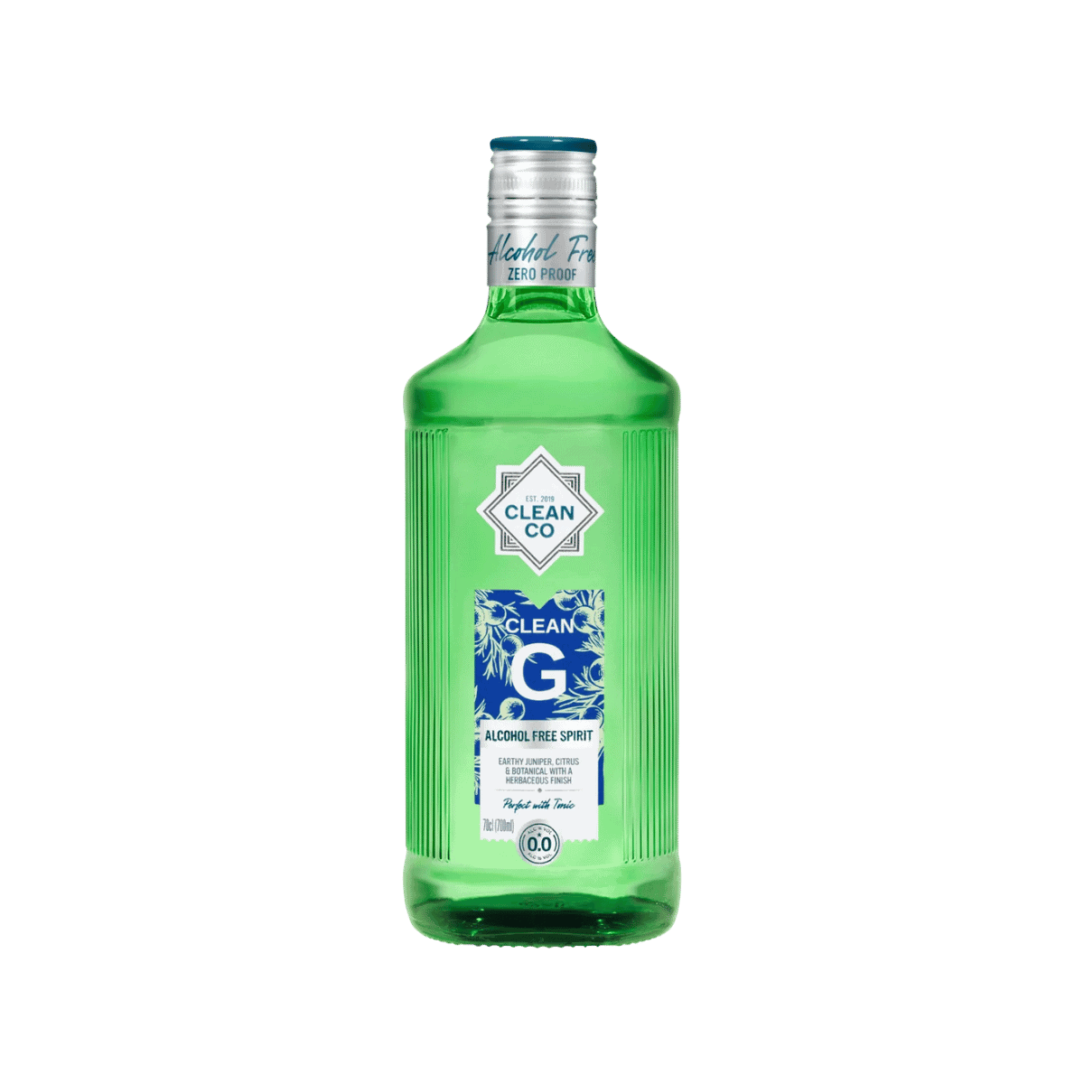 CleanCo Clean G Alcohol Free Spirit 70cl bottle with botanical gin-inspired label on green glass.