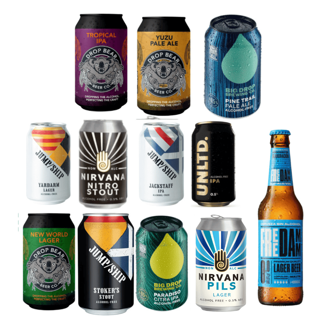 Selection of gluten free non alcoholic beers including Drop Bear, Jump Ship, Nirvana, Big Drop and Free Damm.