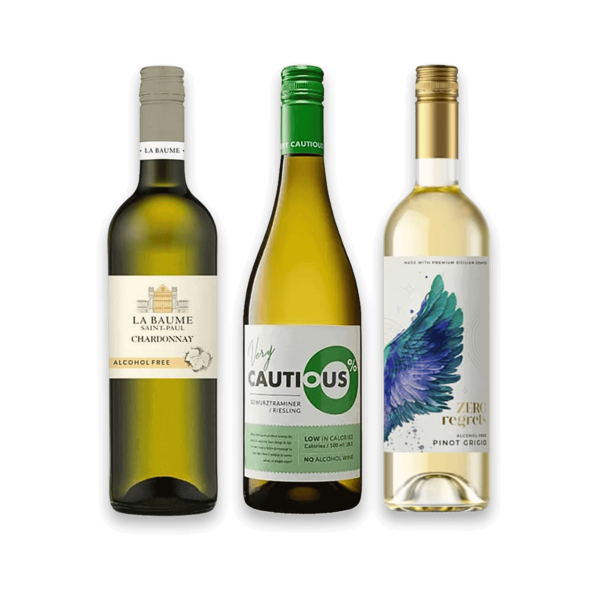 Product image of the White Wine Starter Pack featuring La Baume Chardonnay, The Very Cautious One Riesling, and Zero Regrets Pinot Grigio – a curated trio of alcohol-free white wines from France, Australia, and Italy.