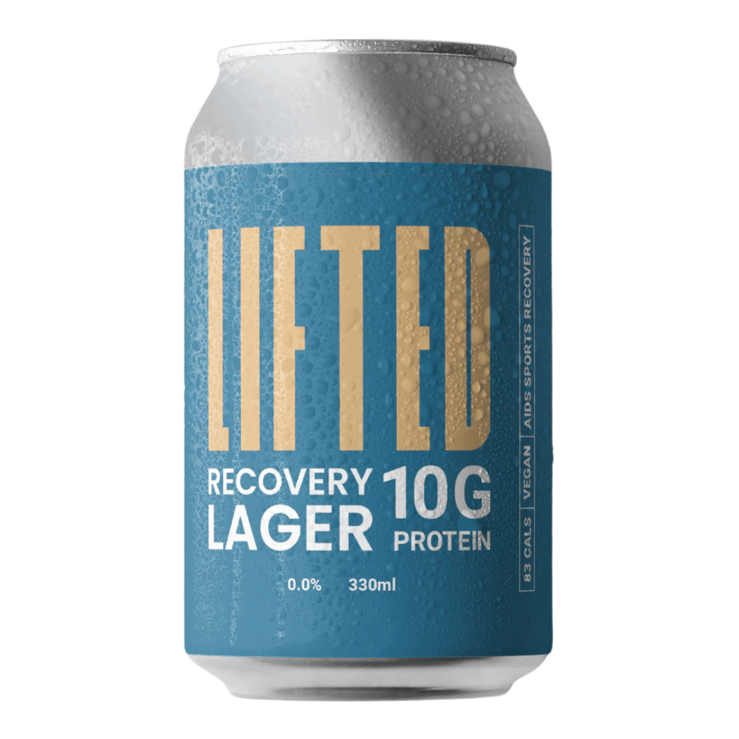 Lifted alcohol free protein beer can, 0.0% craft lager with 10g protein, 73 calories, vegan friendly – product image