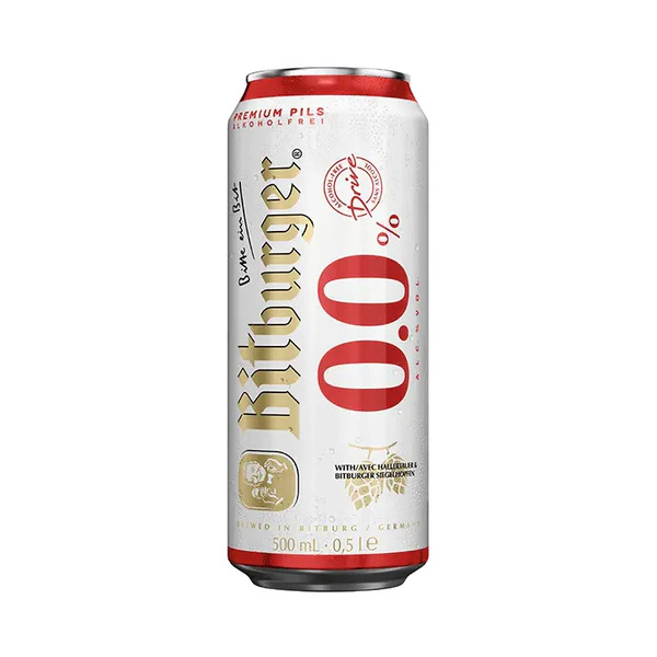 Bitburger Drive 0.0% Pilsner alcohol free German beer can, 500ml, brewed under German Purity Law