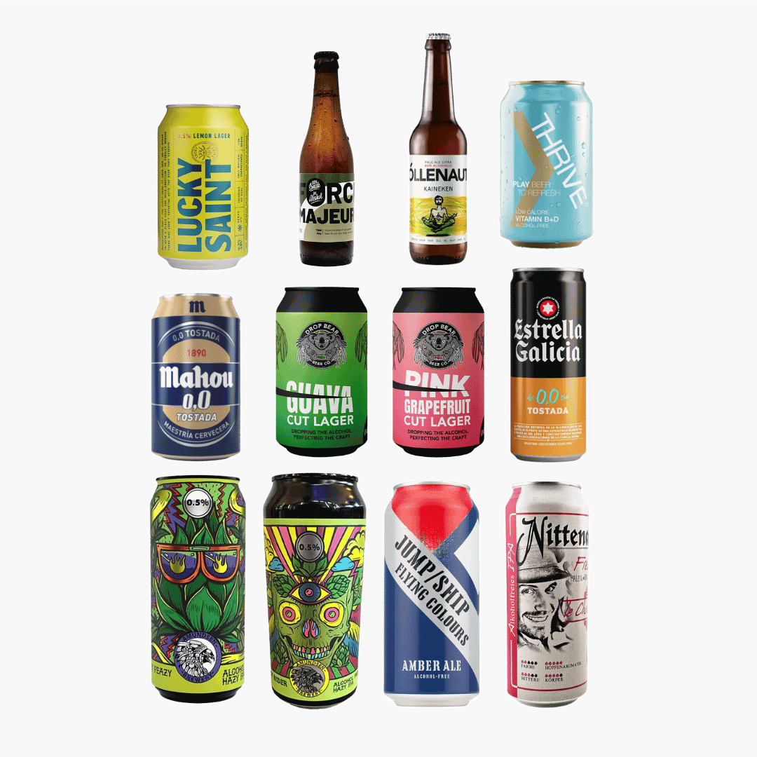 A colourful selection of unique alcohol-free craft beers from around the world, including IPAs, sours, radlers, and lagers, featured in The Alcohol Free Co’s Weird and Wonderful Beer Box.