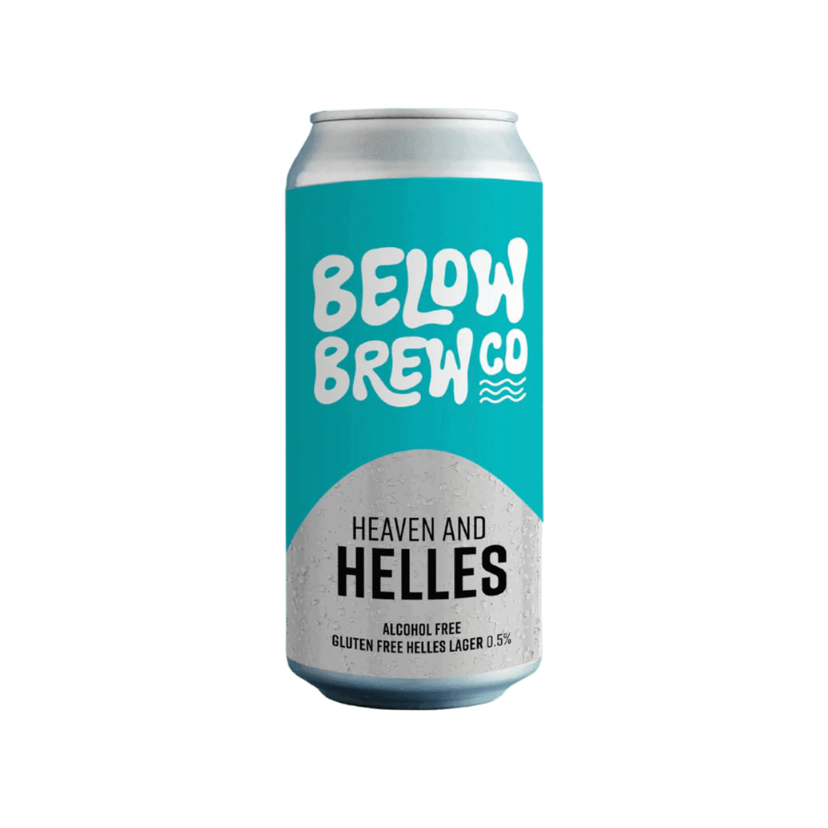 Below Brew Co Heaven and Helles alcohol free gluten free lager 0.5% can with turquoise label and silver base