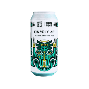 Below Brew Co and Electric Bear Unruly AF alcohol free pale ale 0.5% can with bold illustrated design on purple background