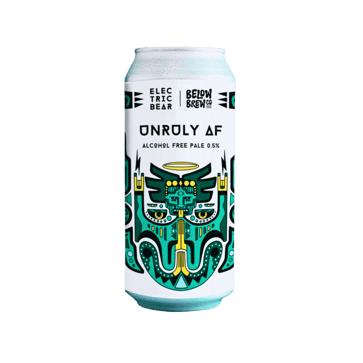 Below Brew Co and Electric Bear Unruly AF alcohol free pale ale 0.5% can with bold illustrated design on purple background