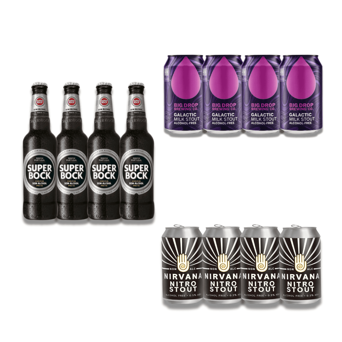 Alcohol Free Stout 12 Pack featuring Big Drop Galactic, Super Bock, and Nirvana Nitro Stout cans and bottles.