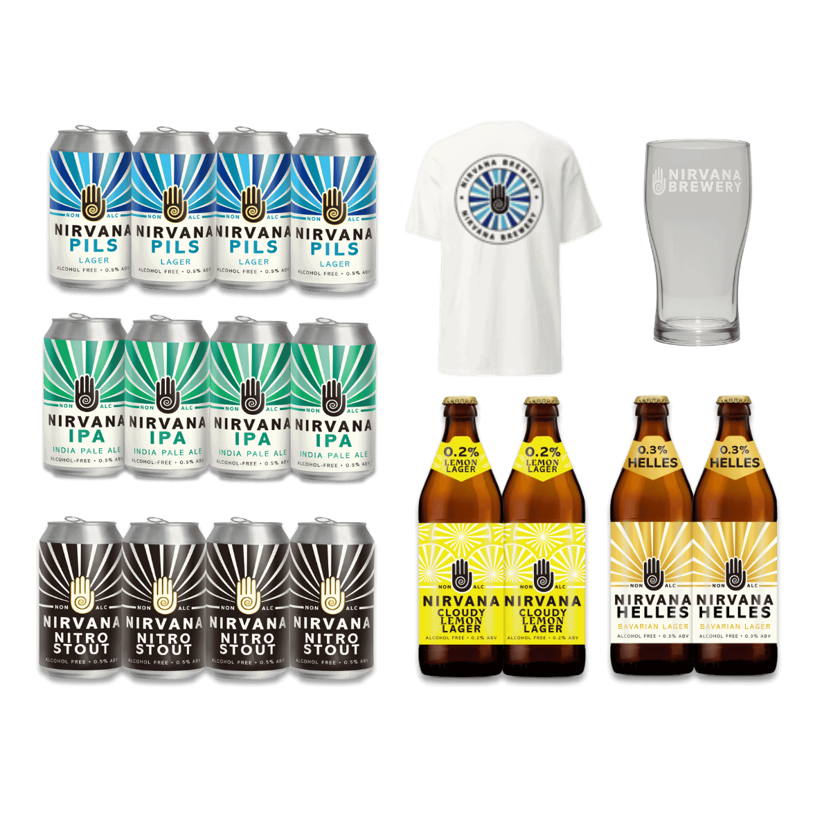Nirvana Brewery Mixed Case 20 Pack featuring IPA, Pilsner, Nitro Stout, Lemon Lager, and Helles with branded glass and t-shirt.