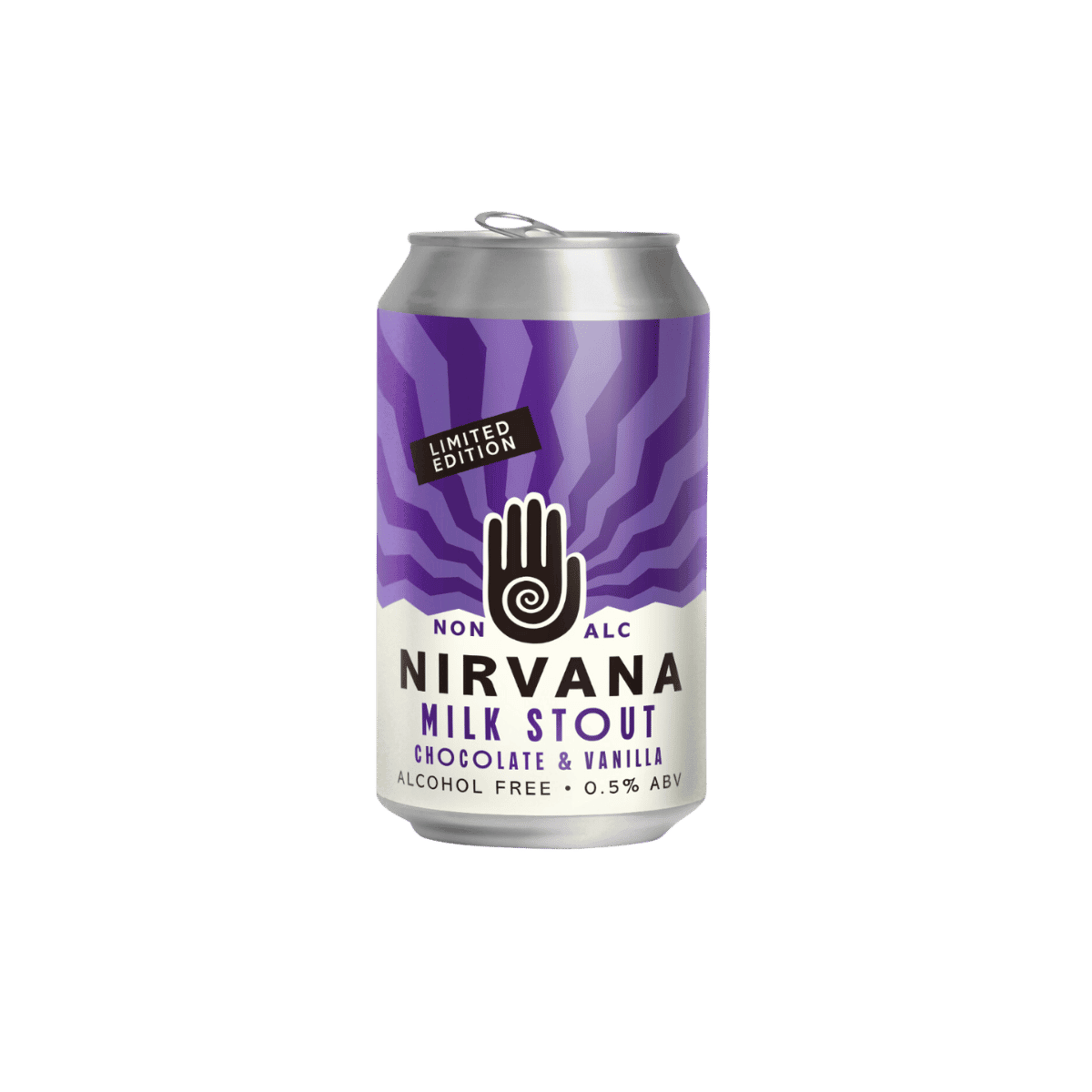 Nirvana Milk Stout Limited Edition can – alcohol-free 0.5% stout with chocolate and vanilla flavours.