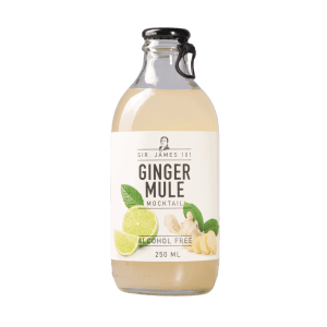Sir. James 101 Ginger Mule alcohol free mocktail 250 ml bottle with lime, ginger and mint on label.
