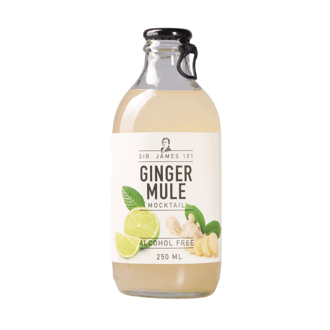 Sir. James 101 Ginger Mule alcohol free mocktail 250 ml bottle with lime, ginger and mint on label.