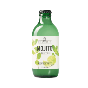 Sir. James 101 Mojito alcohol free mocktail 250 ml green bottle with mint leaves and lime on label.