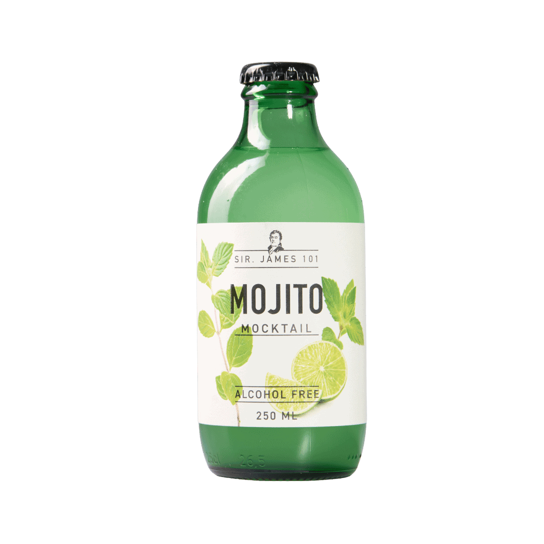 Sir. James 101 Mojito alcohol free mocktail 250 ml green bottle with mint leaves and lime on label.