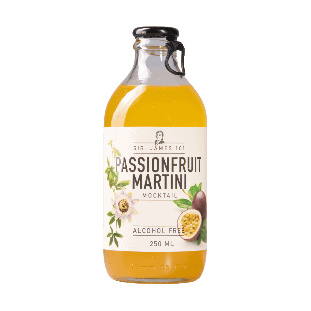 Sir. James 101 Passionfruit Martini alcohol free mocktail 250 ml bottle with passionfruit and floral design on label.