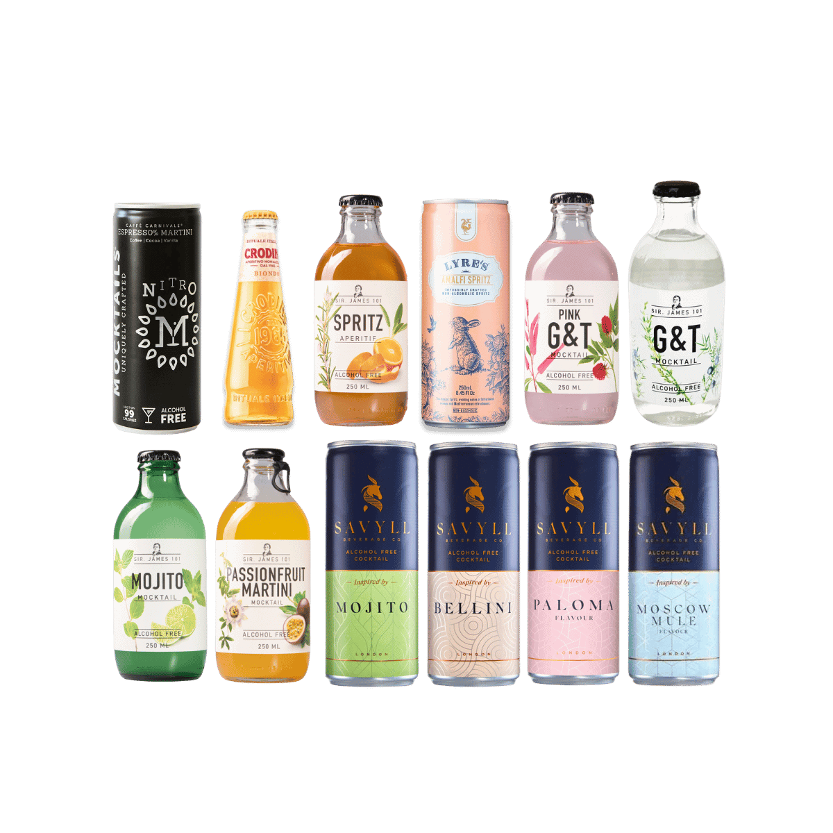 Alcohol free cocktails and mocktails selection including spritz, mojito, espresso martini, passionfruit martini, bellini, paloma and gin and tonic