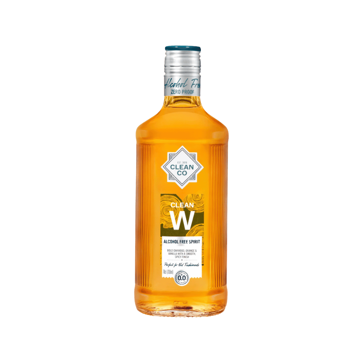 CleanCo Clean W Alcohol Free Spirit 70cl bottle, non alcoholic whisky alternative with amber colour and premium label.